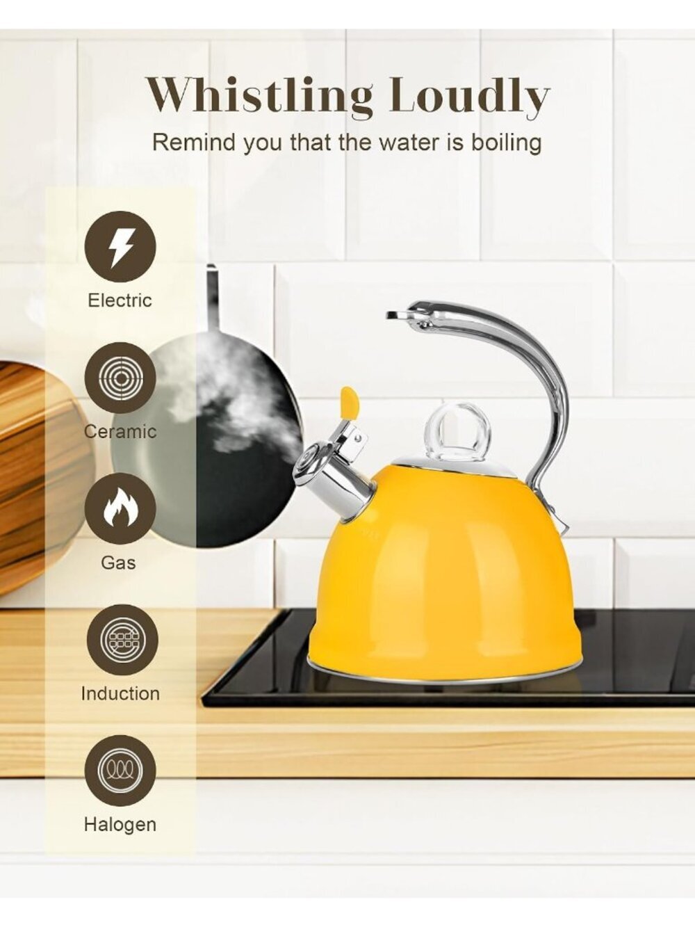 2.5 Qt Stainless Steel Whistling Tea Kettle for Gas, Electric Induction Yellow - Picture 5 of 7